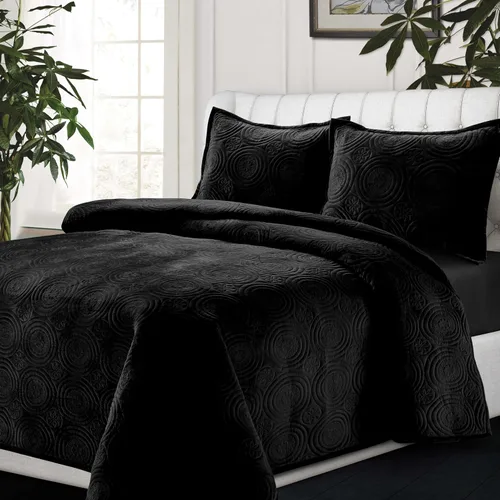 Vista 2 de Tribeca Living Juego de edredón de terciopelo de gran tamaño individual, ropa de cama de terciopelo suave de 260 GSM para una comodidad lujosa, Negro