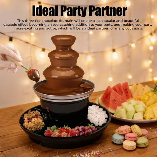 Vista 4 de Máquina eléctrica de fuente de chocolate de tres niveles, capacidad de 1 libra, con bandeja de alimentos y barra giratoria en espiral para fiestas