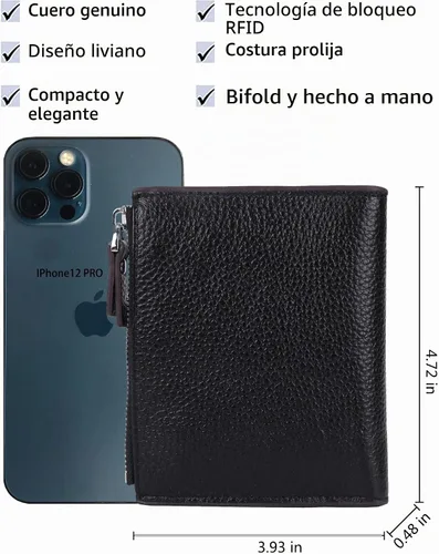 Vista 4 de Cartera de cuero con bloqueo RFID para mujer, pequeña, compacta, doble cremallera, con ventana para identificación Lichee Negro