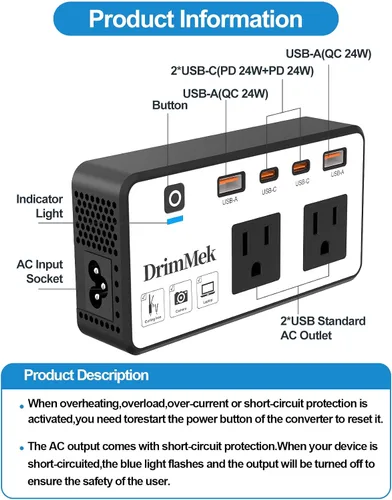 Vista 4 de Convertidor de voltaje de 200 W de EE. UU. a Europa, adaptador de corriente de viaje reductor con 4 puertos USB, 2 salidas de CA para alisador