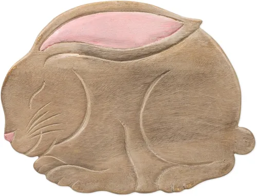 Vista 2 de Taburete corto decorativo de madera de acacia tallada a mano con diseño de conejito