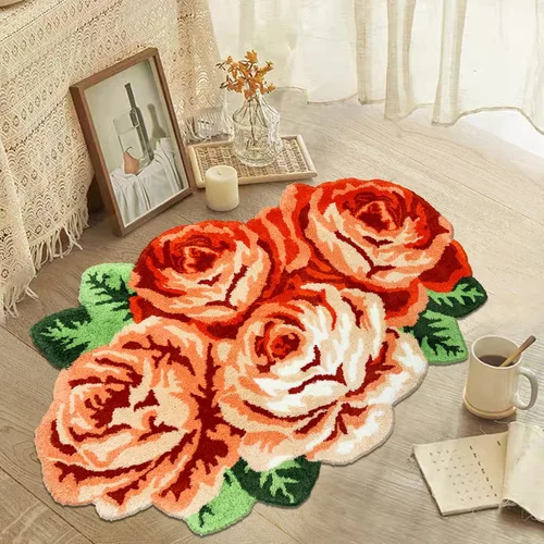 Vista 32 de USTIDE Bonita alfombra de baño de rosas para baño, alfombra de baño naranja de lujo, antideslizante, con forma de flor, alfombra de ducha de felpa