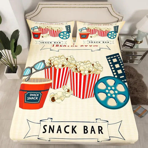 Vista 16 de Sábana bajera ajustable de cine tamaño individual, sábanas vintage para niños, niñas y adultos, juego de ropa de cama de palomitas de maíz