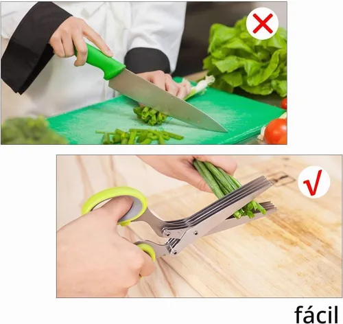 Vista 5 de Tijeras para hierbas, multiusos, de 5 cuchillas, para cortar cocina, con cubierta de seguridad y peine de limpieza