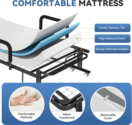 Vista 5 de Cama plegable para invitados con colchón y respaldo ajustable de 6 posiciones para adultos, cama nido plegable de metal, siesta de oficina, descanso