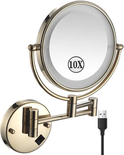 Vista 12 de KEYQEEN Espejo de maquillaje LED con luces, espejo de aumento de doble cara 1X/10X, espejo de aumento negro cableado montado en la pared giratorio
