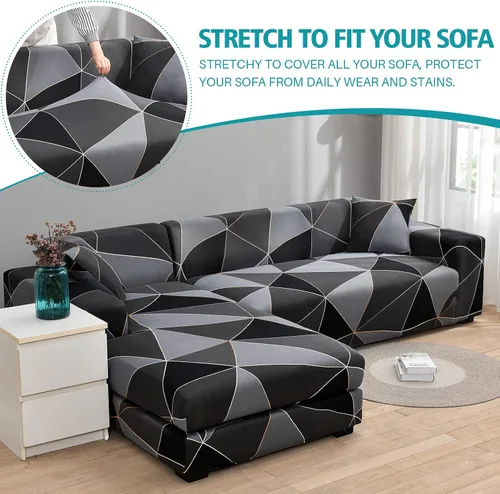 Vista 3 de MIFXIN Funda para sofá seccional, 2 piezas, elásticas de 3 asientos, en forma de L, fundas elásticas impresas para sofá seccional, protector de Negro