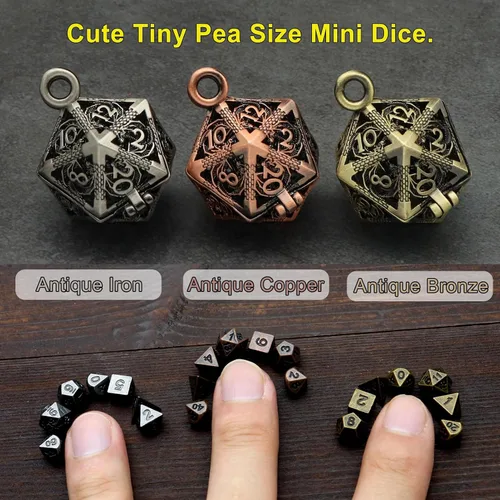 Vista 4 de Haxtec Mini Juego de Dados de Metal D&D con Estuche de Collar Hueco - Llavero Portátil de 7 Piezas Plata antigua