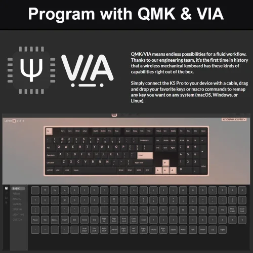 Vista 5 de Keychron K5 Pro QMK/VIA - Teclado mecánico inalámbrico personalizado, diseño de tamaño completo intercambiable en caliente, 108 teclas programables