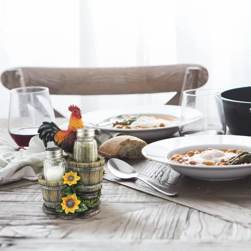 Vista 5 de DWK Sunrise Seasonings - Juego de salero y pimentero de 3 piezas de gallo de granja, recargable, tarros de cristal para sal y pimienta, novedoso