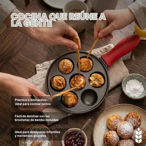 Vista 3 de KUHA Sartén Aebleskiver de hierro fundido – Auténtica máquina danesa para panqueques Aebleskiver, Poffertjes, Takoyaki, Appam, Kuli Paniyaram