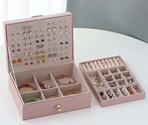 Vista 2 de ProttyLife Caja organizadora de joyas de 2 capas para mujer, organizador grande con cerradura para joyas, para aretes, anillos, collares (rosa nuevo)