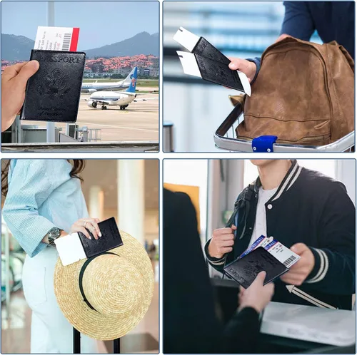 Vista 6 de Funda para pasaporte con bloqueo RFID de piel, tarjetero con ranura para tarjetas, accesorios de viaje, organizador de documentos, protector