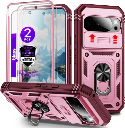 Vista 7 de Funda para Pixel 9 Pro XL con cubierta deslizante para cámara, 2 protectores de pantalla de vidrio templado, soporte de anillo giratorio de 360°