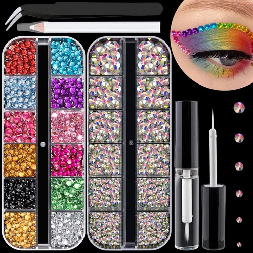 Vista 9 de Kits de estrases con parte trasera plana, estrases de colores+cristales AB y gemas faciales transparentes blancas para uñas con pegamento