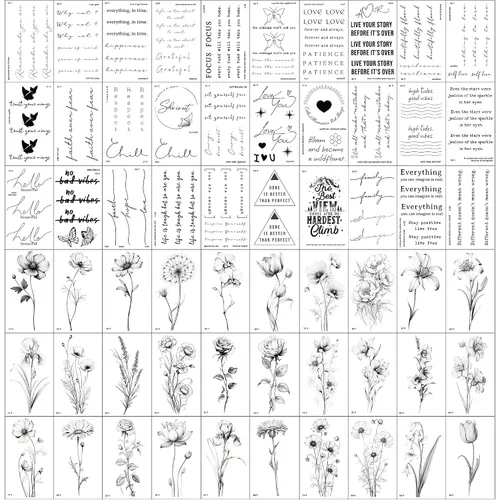 Vista 2 de Tatuajes temporales realistas – 60 hojas de tatuajes falsos pequeños, 30 piezas de tatuajes significativos con escrituras y palabras, 30 calcomanías
