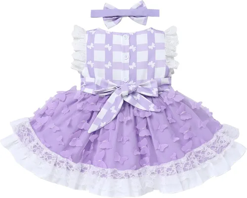 Vista 2 de Vestido tutú de verano para niña, sin mangas, a cuadros, vestido de fiesta de cumpleaños, vestido de fiesta con lazo de flores y diadema