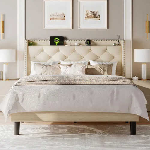 Vista 7 de Feonase - Base de cama tamaño completo con respaldo de alas de lujo y estación de carga rápida, base de cama tapizada con botones y cabecera