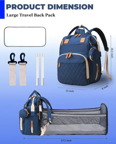 Vista 3 de Bolsa de pañales con cambiador, mochila de pañales 3 en 1 para bebé, Azul