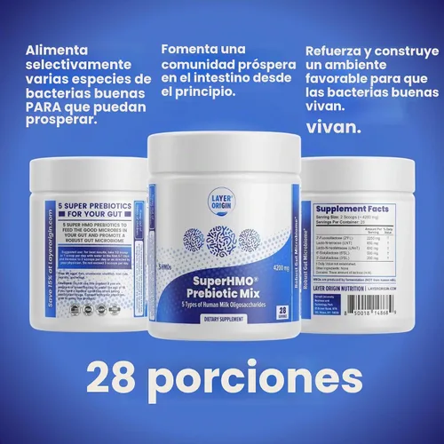 Vista 5 de SuperHMO Mezcla prebiótica con fibra prebiótica 5-HMO para intestino, digestión, salud cerebral, polvo, 28 porciones