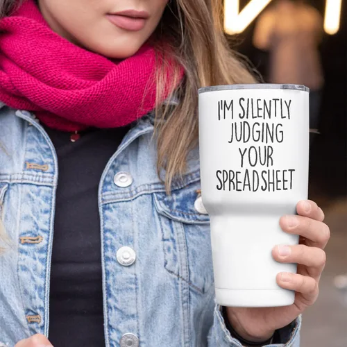 Vista 6 de Vaso de viaje de acero inoxidable con texto en inglés "I Silently Judging Your Spreadsheet", vaso de viaje de acero inoxidable de 30 onzas, vaso