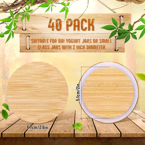 Vista 2 de Roowest 40 tapas para tarros de yogur a granel compatibles con tarros de yogur Oui, tapas de madera de bambú natural, tapas redondas reutilizables