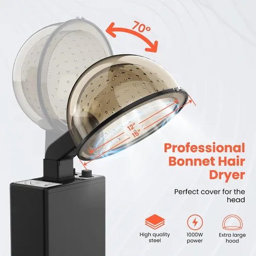 Vista 4 de TASALON Secador de pelo profesional con capó, 1000 W, acero inoxidable negro, soporte ajustable en altura y ángulo, inclinación de 70°, capucha