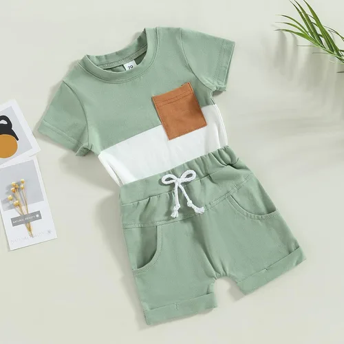 Vista 2 de Conjunto de 2 piezas de camiseta de manga corta con cordón y pantalones cortos para bebés y niños pequeños
