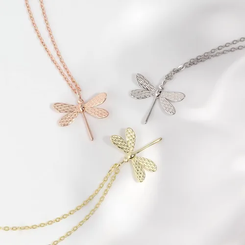 Vista 3 de Collar con dije de libélula de plata de ley para mujer, delicado collar plisado, oro rosa, regalo de joyería