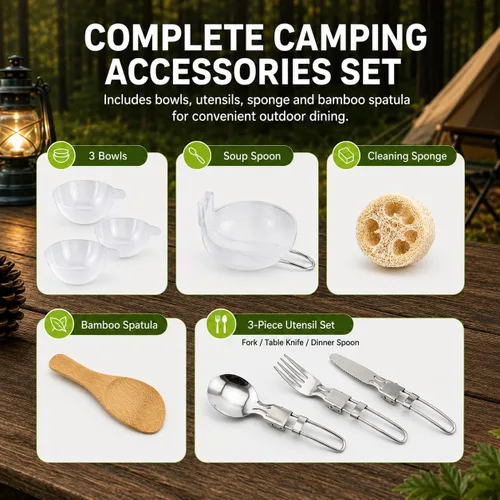 Vista 6 de aiGear Camping Cookware with Pot Pan Kettle Cutlery Tableware (1-2 People) Lightweight aluminum alloy, folding handles, nesting design, portable