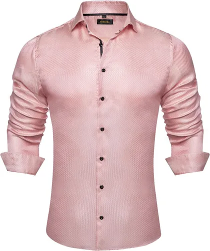 Vista 31 de DiBanGu Camisa de vestir de paisley de seda para hombre, formal, de manga larga, con cuello abotonado, camisas informales para fiesta de boda Negro