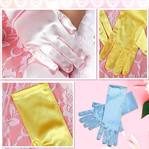 Vista 6 de 12 pares de guantes de princesa, guantes de satén, guantes largos de princesa, guantes largos de satén sedoso brillante para niñas de 3 a 8 años