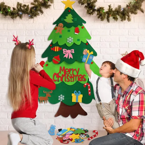 Vista 2 de izosen Árbol de Navidad de fieltro para niños con cadena de luz LED, 3 pies para colgar en la pared, árbol de Navidad de fieltro y 32 adornos