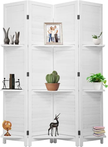 Vista 8 de Divisor de habitación de pared plegable de madera, pantalla plegable de 4 paneles con tres estantes inteligentes, divisor tejido a mano de malla