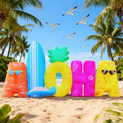 Vista 9 de DomKom Inflables Tiki Luau de 7 pies, dos inflables Tiki, hawaiano de verano tropical, decoración de fiesta, decoración de patio gigante, luces LED