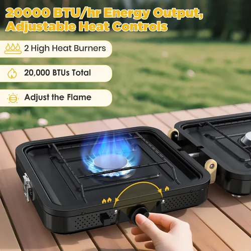 Vista 3 de Estufa de propano para camping, 2 quemadores de 20000 BTU, estufa de propano plegable portátil con bolsa de transporte, quemadores de alto calor