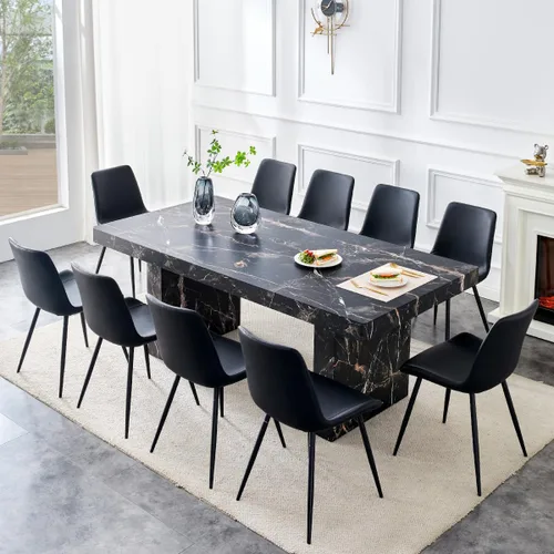 Vista 35 de gopop Mesa de comedor de mármol de 63 pulgadas, tablero de mesa de comedor MDF con patrón de mármol y base para cocina y comedor.