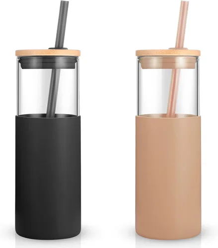 Vista 17 de Tronco Vaso de vidrio de 28 onzas con tapas y pajilla, taza reutilizable para café helado y vaso para batidos con tapa de bambú, funda de silicona