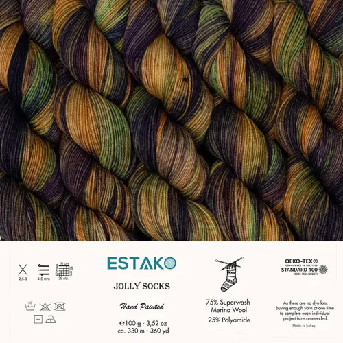 Vista 2 de Estako Jolly Socks Hilo Pintado a Mano 75% Lana Merino Superwash y 25% Poliamida (Fine/Sport 2 Peso) / 3.52 Oz - 100 gr / 360 Yardas - 330 mt