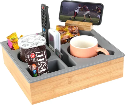 Vista 10 de Bandeja con Soporte para Tazas de Sofá, Caddy de Bambú de Silicona Hitseon con Soporte Giratoria para Teléfono para Cama y Asiento de Coche