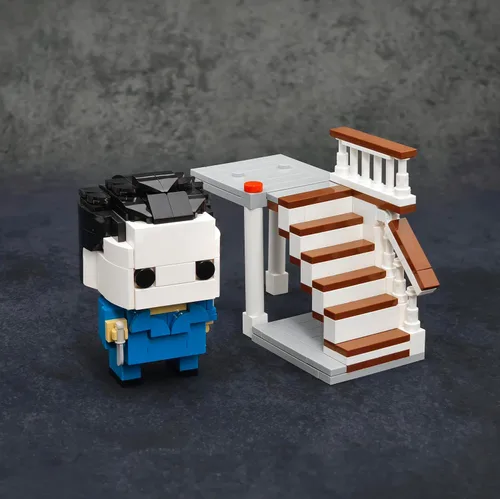 Vista 3 de Juego de bloques de construcción de escaleras de terror de Halloween, figura de slasher enmascarada con cuchillo escena de escalera, compatible