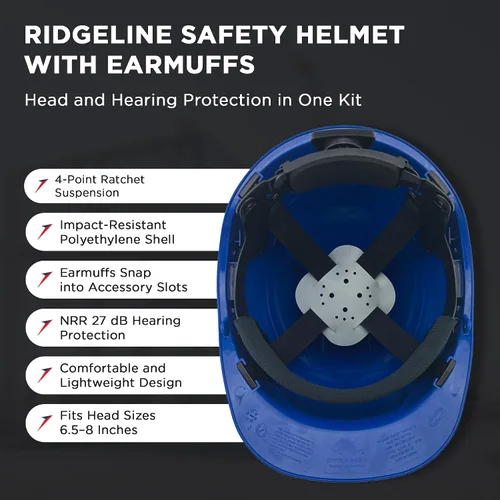 Vista 2 de Ridgeline - Casco de seguridad estilo gorra con orejeras incluidas, casco azul