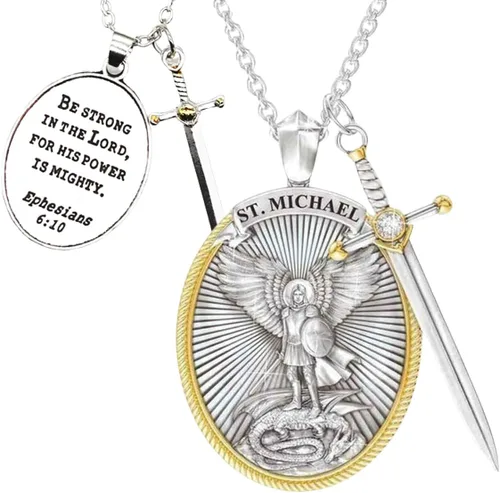 Vista 2 de Colgante de acero de Arcángel San Miguel Amuleto de San Miguel joyería de regalo para hombres y mujeres con collar de protección de espada divina
