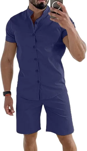 Vista 3 de Uni Clau Conjunto corto de 2 piezas para hombre, conjunto de camisa con botones y pantalones cortos, conjunto de chándal de playa