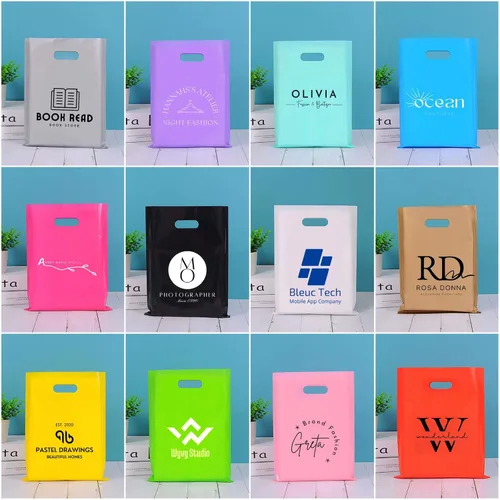 Vista 2 de 100 bolsas de plástico personalizadas SALIFECO con logotipo, bolsas de compras personalizadas de 2.36 mil con asas troqueladas, bolsas de regalo