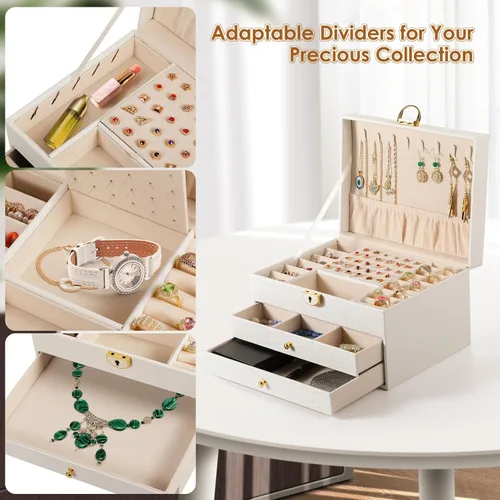 Vista 6 de Joyero de 3 capas, organizador de joyas con cajón organizador de joyas, grandes cajas de joyería y organizador con organizador de aretes