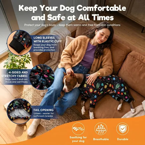 Vista 6 de LovinPet Monos para perros grandes: Pijamas para perros grandes, postoperatorio/cuidado de heridas, tela elástica ligera, estampado negro