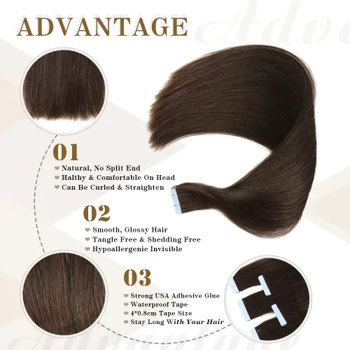 Vista 3 de Extensiones de cabello humano real con cinta, extensiones de cabello humano real de doble trama, extensiones de cabello humano lacio sin costuras