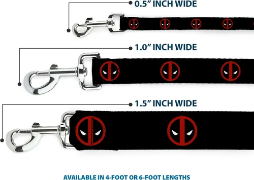 Vista 3 de Buckle-Down Correa para mascotas – Deadpool Logo Negro/Rojo/Blanco – 4 pies de largo – 1 pulgada de ancho