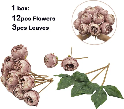 Vista 2 de Flores artificiales falsas, peonía de seda, 12 arreglos de cabezas de flores, ramos de boda, decoraciones florales de plástico, centros de mesa